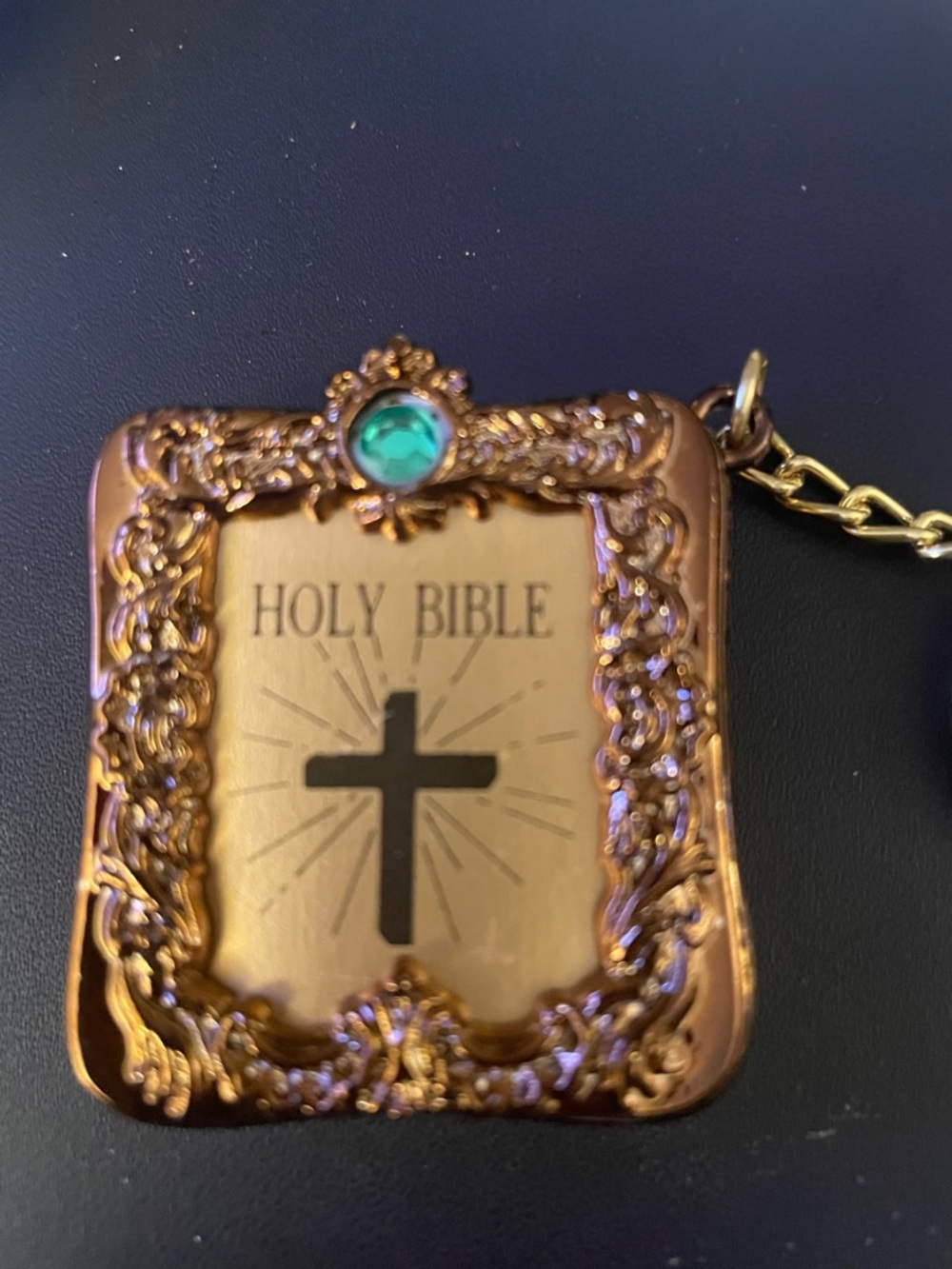 Gold Tone Holy Bible key chain Pendant with gem real words